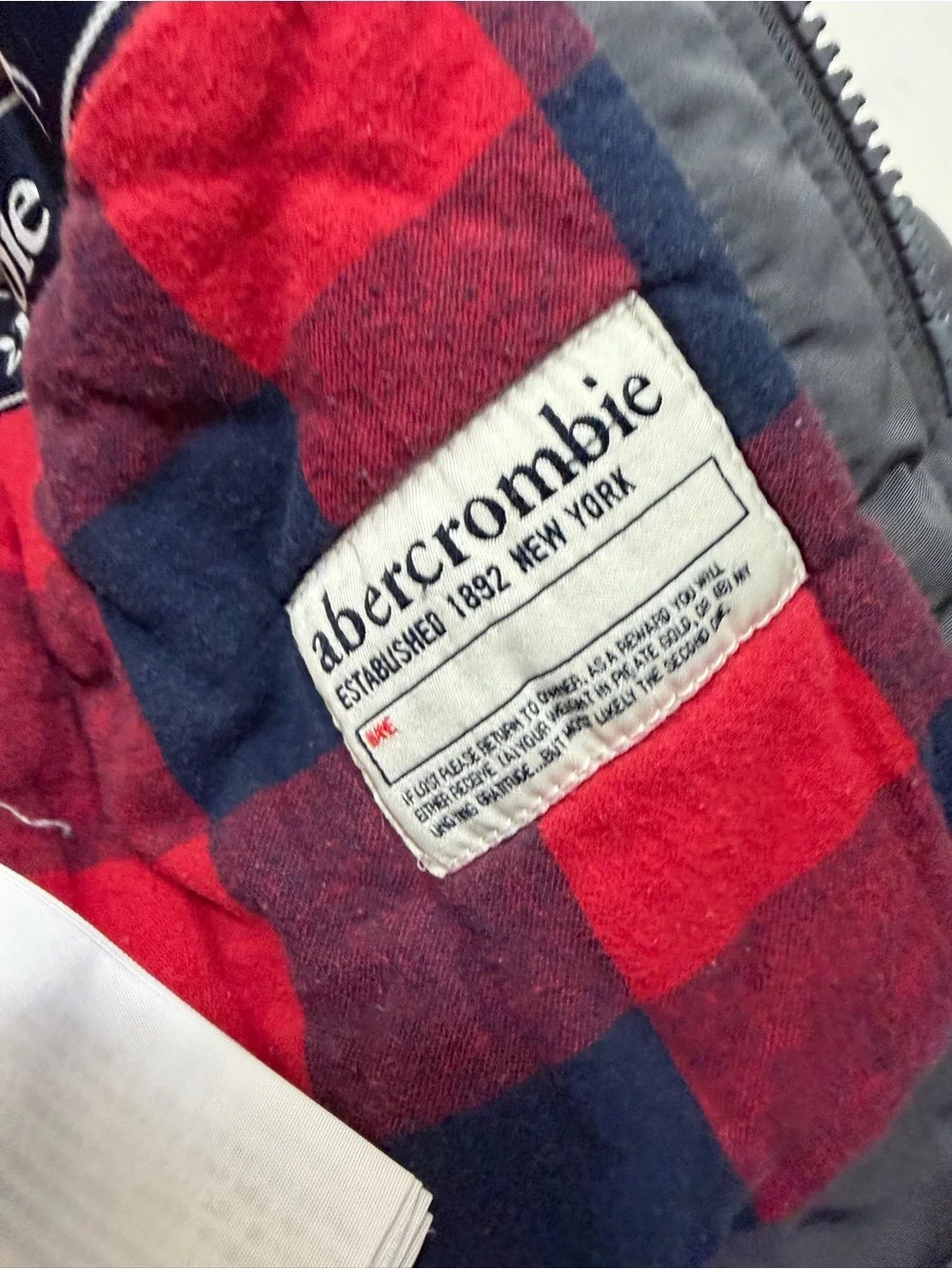 Abercrombie kids Gray Hooded Sherpa-Lined Puffer Jacket with Plaid Trim